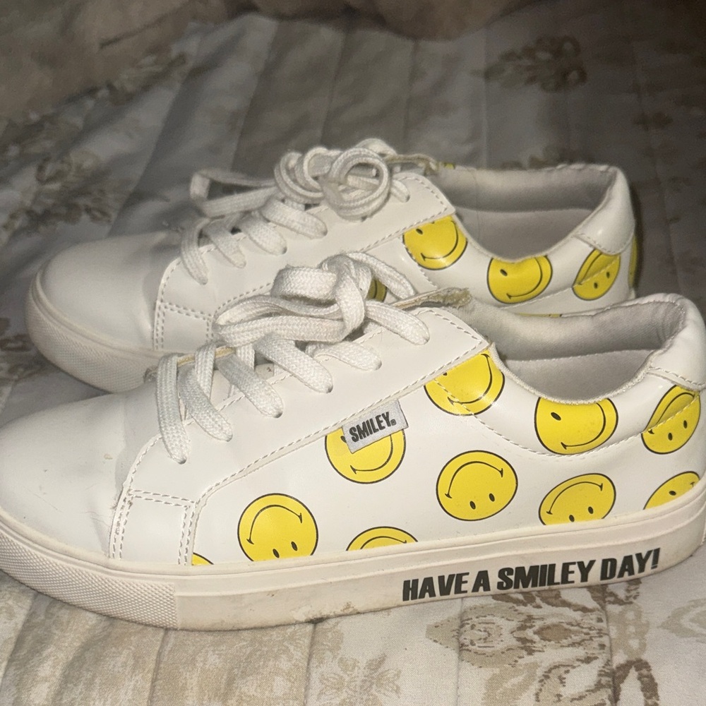 White Sneakers with Yellow Smiley Faces